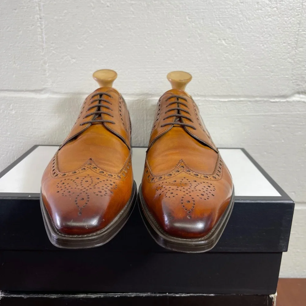 Magnanni Sergio 17529 Cognac Leather Wingtip Oxford Dress Shoes Men's 10 M